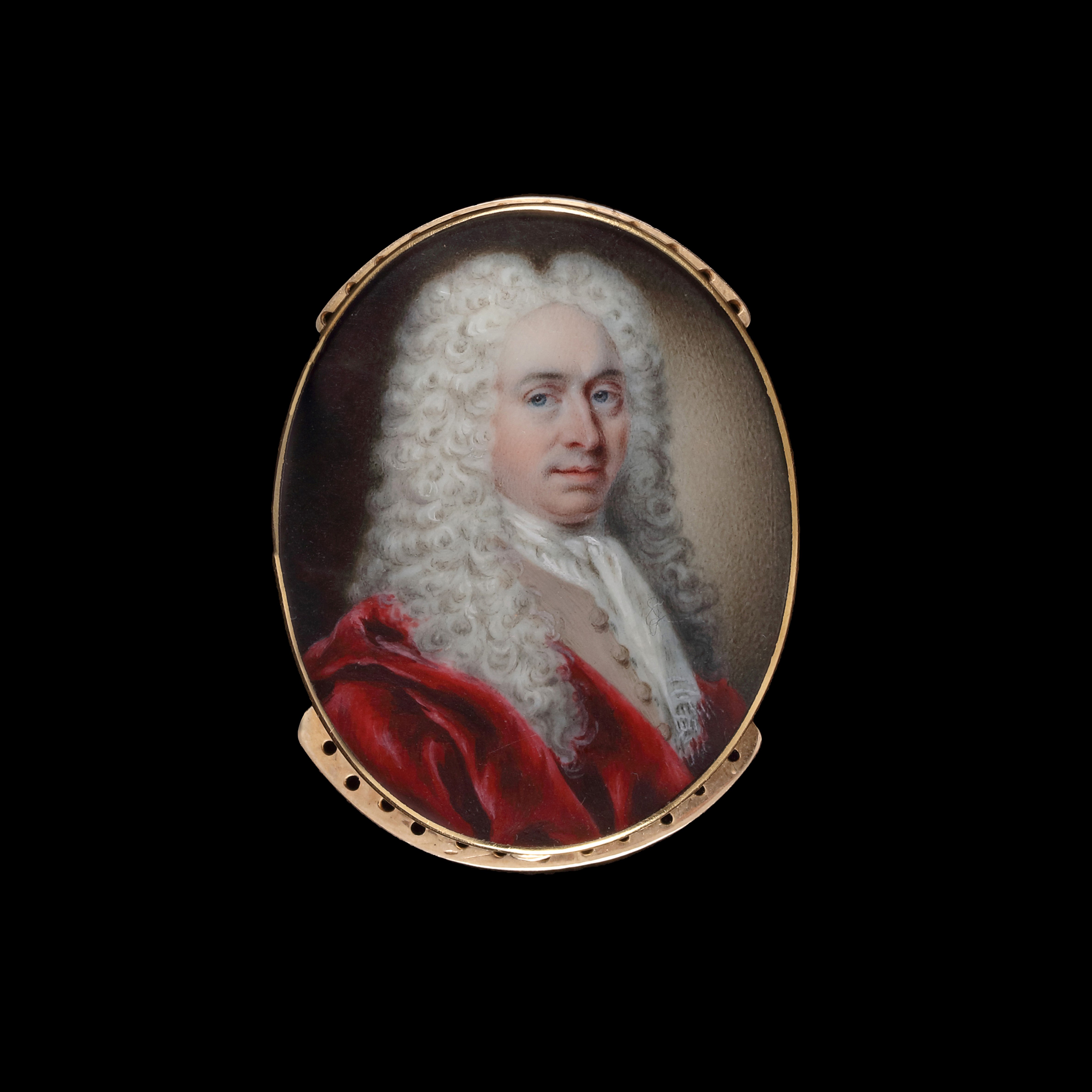 Portrait of a Gentleman, wearing a crimson cloak, beige waistcoat, white stock and cravat, and a full-bottomed wig